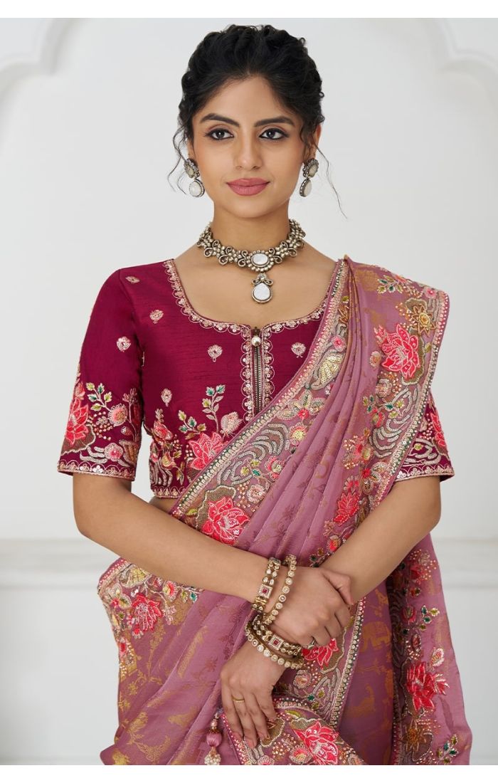 Pink Silk Saree Detailed Floral Motif Close-Up