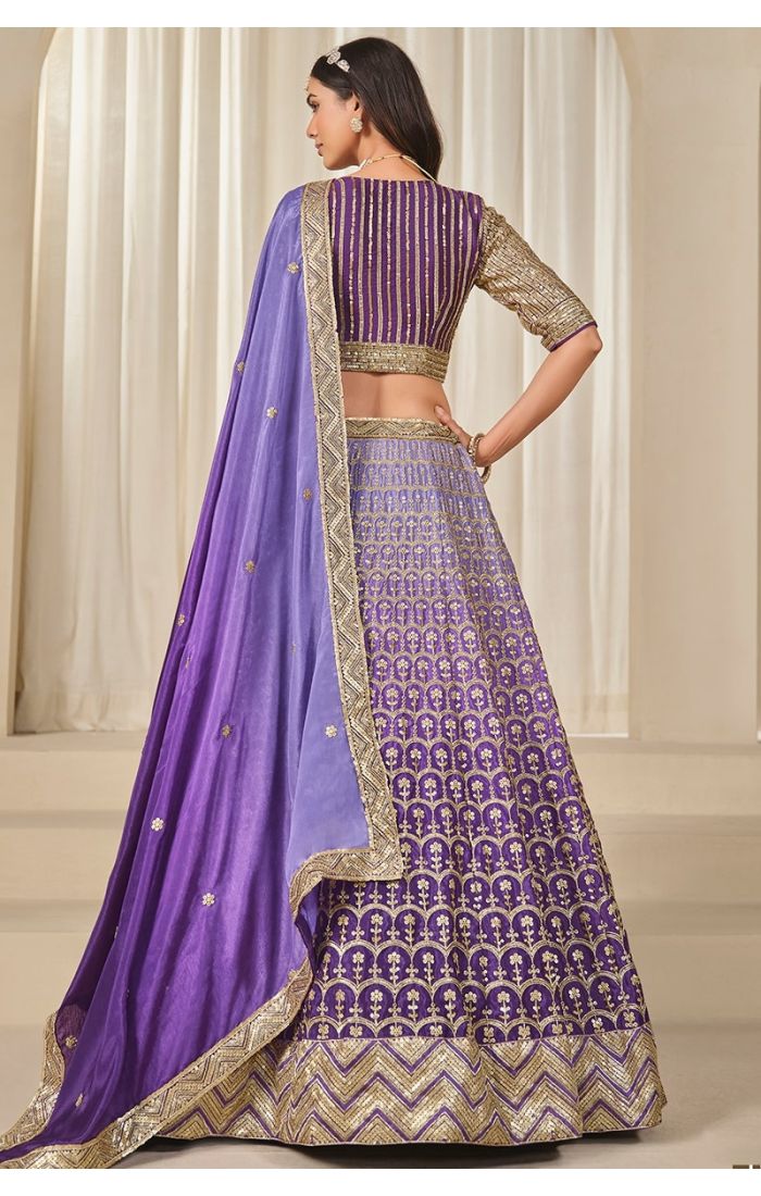 back view Purple dupatta styling with embroidery close-up