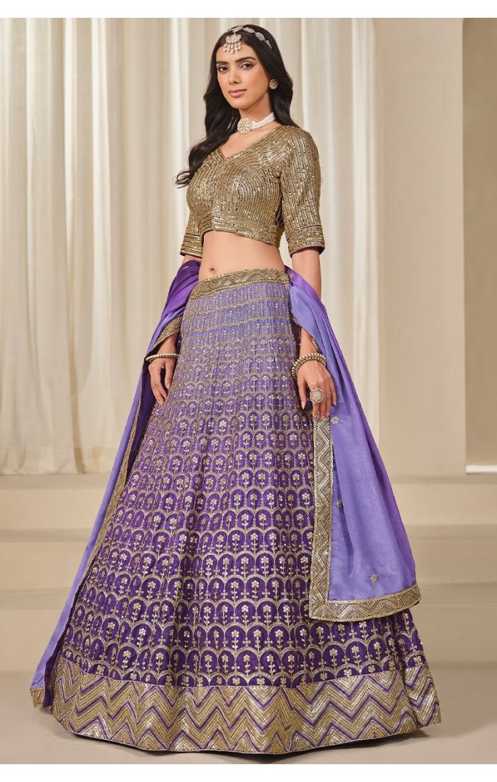 Purple chinon silk lehenga set with dupatta front view on mannequin