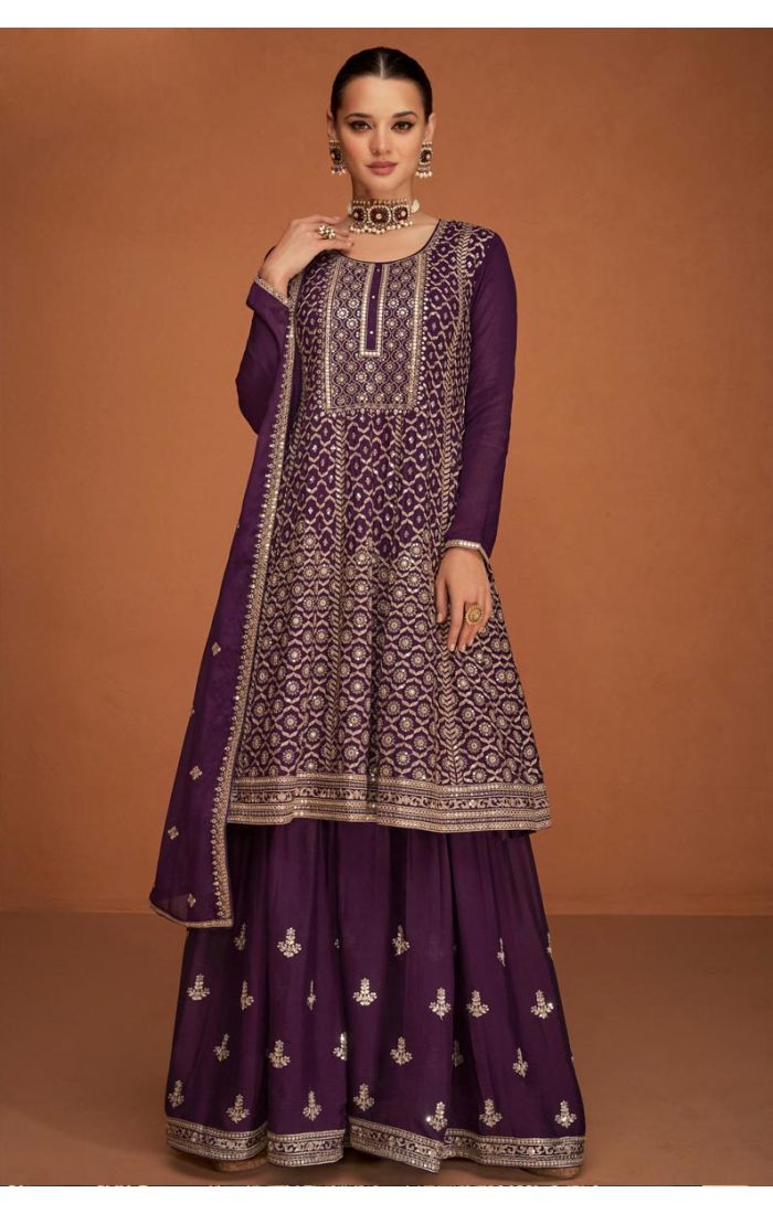 Purple Floral Embroidered Sharara Suit - Wedding & Festive Ethnic Wear for Women