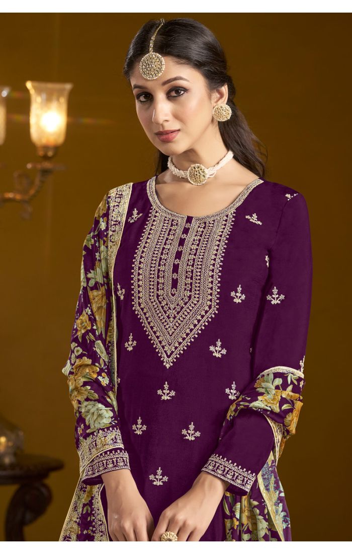 Close-up of neckline embroidery on purple art silk kurta