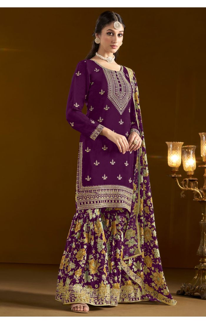 Detailed view of floral printed dupatta and jacquard sharara pants