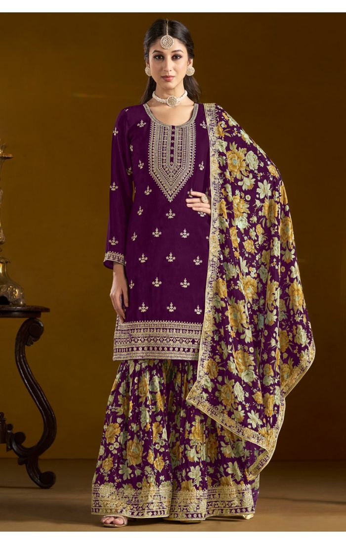 Detailed view of floral printed dupatta and jacquard sharara pants