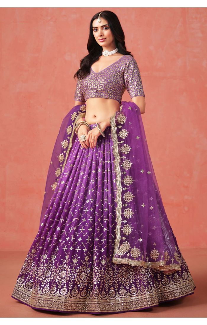 Full-Length View of Purple Georgette Lehenga Set with Net Dupatta