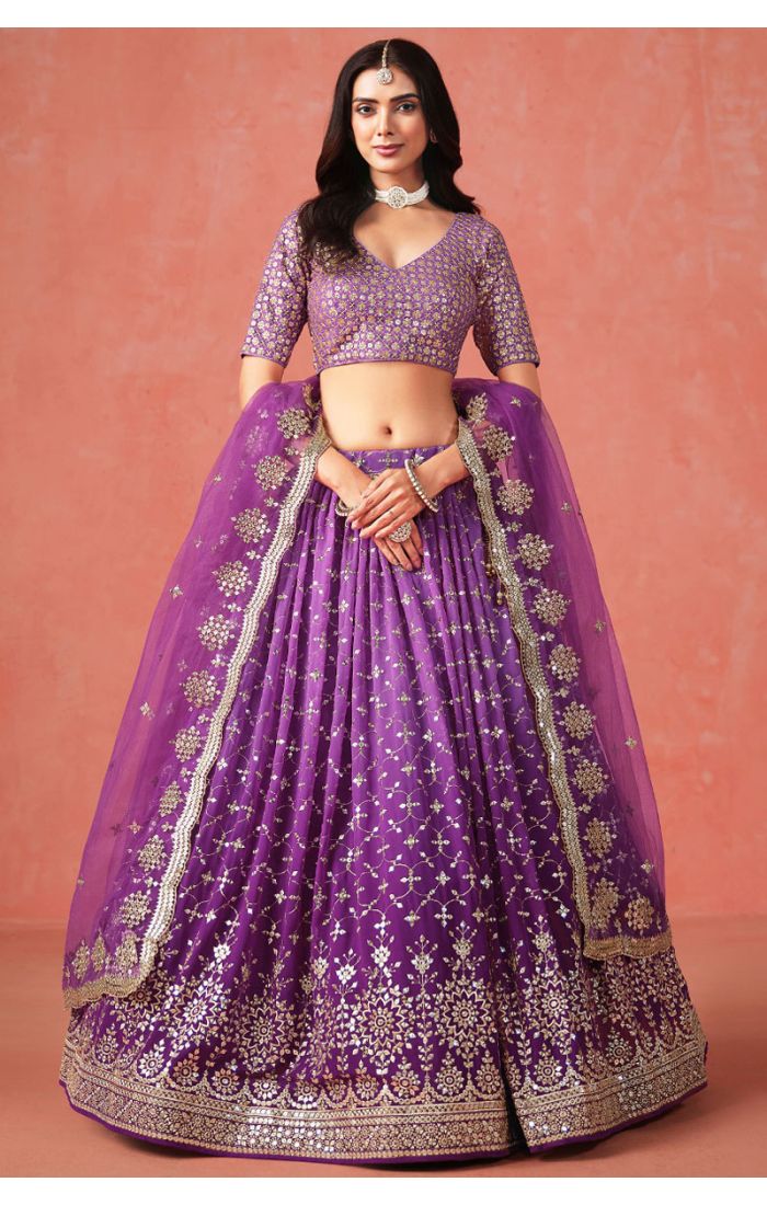 Full-Length View of Purple Georgette Lehenga Set with Net Dupatta