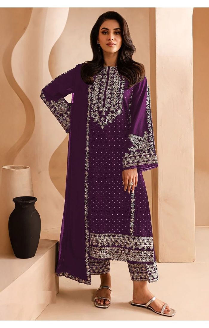 Purple Georgette Embroidered Straight Salwar Suit – Wedding & Festive Wear