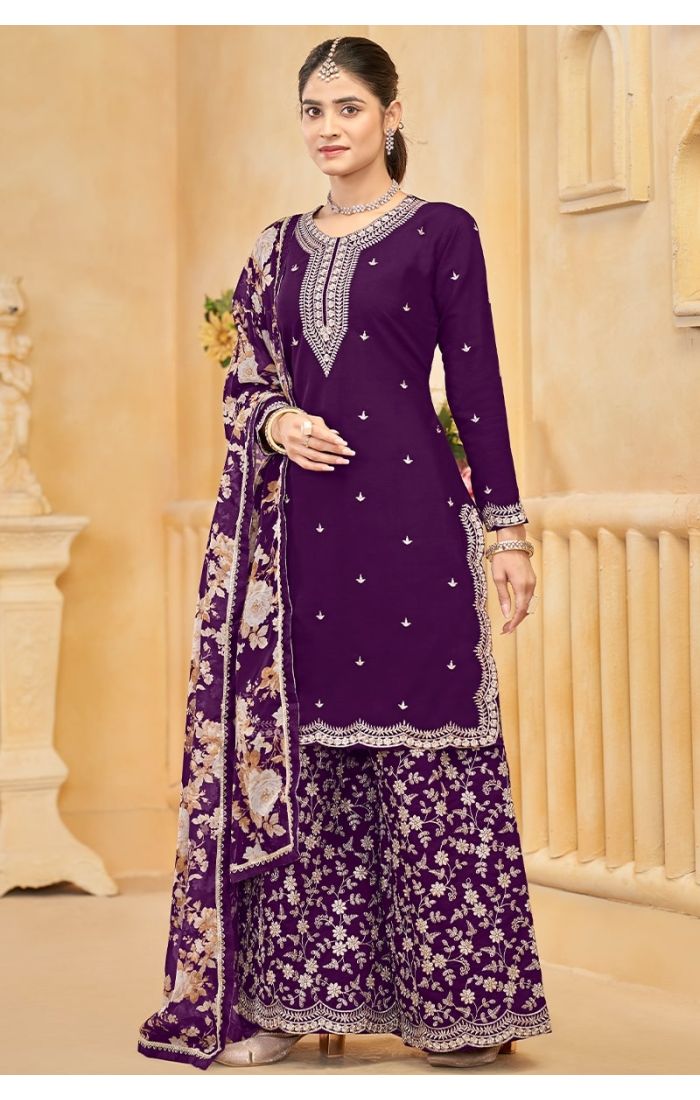 Purple Roman Silk Embroidered Plazzo Suit Set with Floral Dupatta – Festive & Wedding Wear