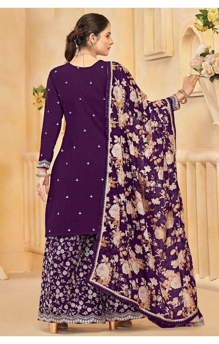 Purple Roman Silk Embroidered Plazzo Suit Set with Floral Dupatta – Festive & Wedding Wear