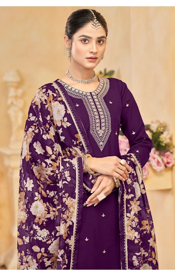 Purple Roman Silk Embroidered Plazzo Suit Set with Floral Dupatta – Festive & Wedding Wear