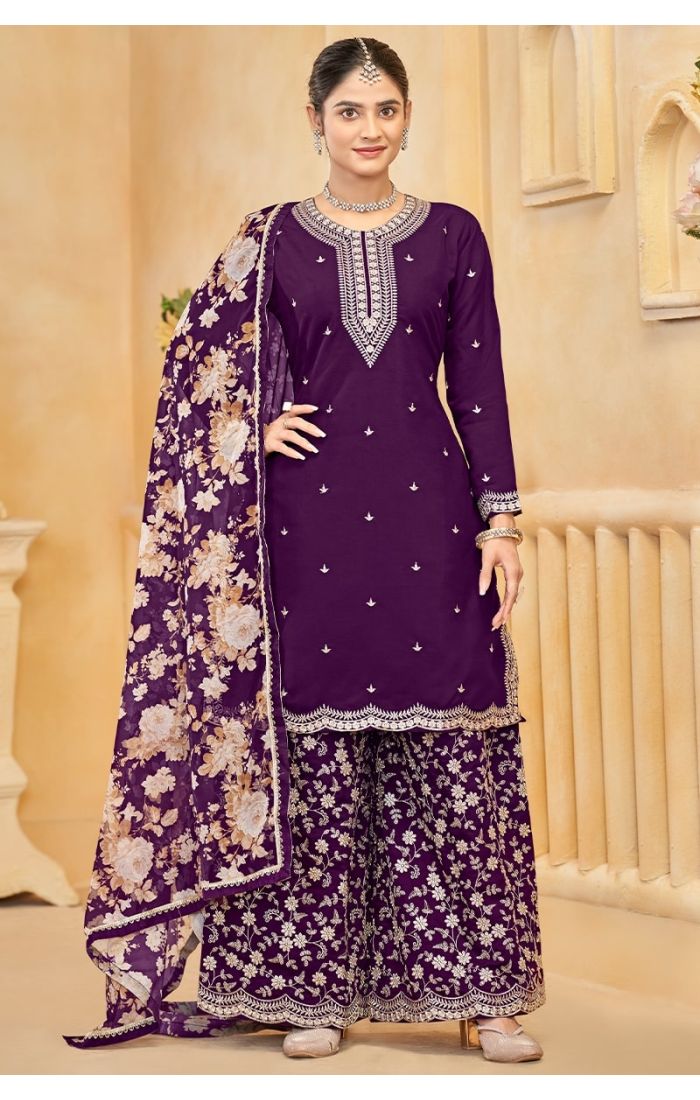 Purple Roman Silk Embroidered Plazzo Suit Set with Floral Dupatta – Festive & Wedding Wear