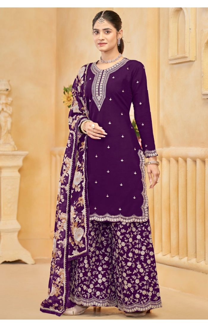 Buy Purple Roman Silk Embroidered Plazzo Suit with Dupatta – Wedding & Festive Wear USA UK Europe online - SALV5699 | Appelle Fashion 