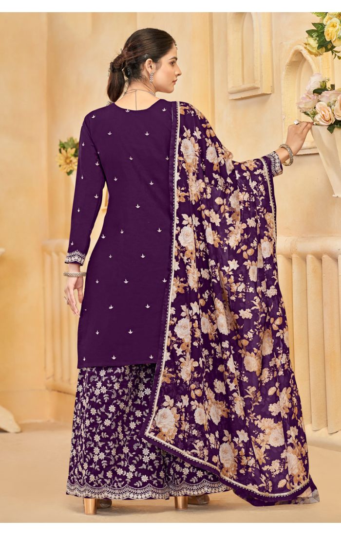 Buy Purple Roman Silk Embroidered Plazzo Suit with Dupatta – Wedding & Festive Wear USA UK Europe online - SALV5699 | Appelle Fashion 