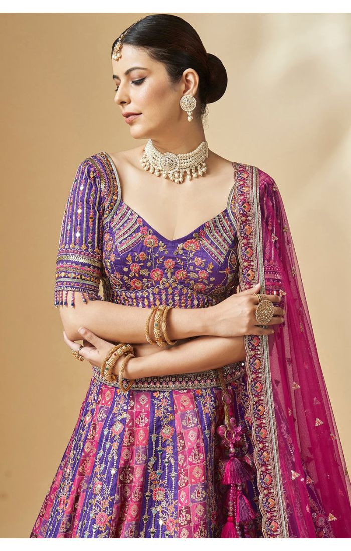 Purple sweetheart neck bridal choli with floral embroidery – close-up