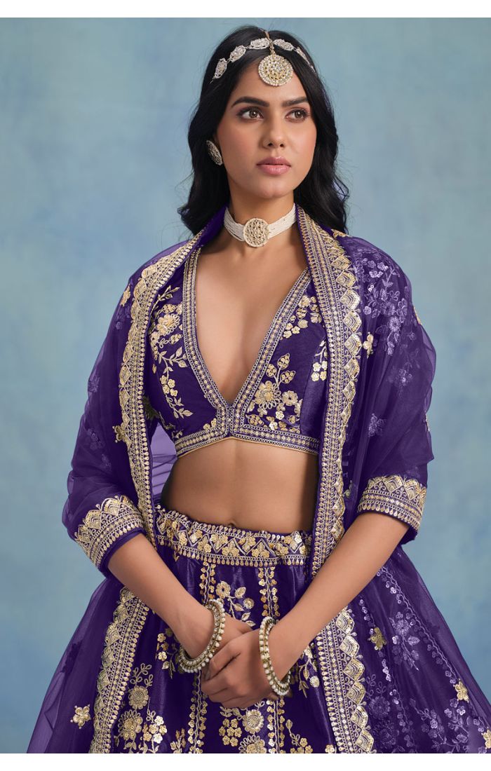 Close-up of purple blouse embroidery and dupatta – Appelle Fashion