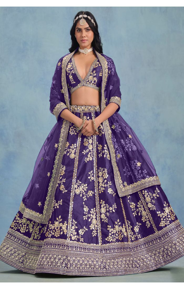 Front view of purple lehenga with zari embroidery – Appelle Fashion