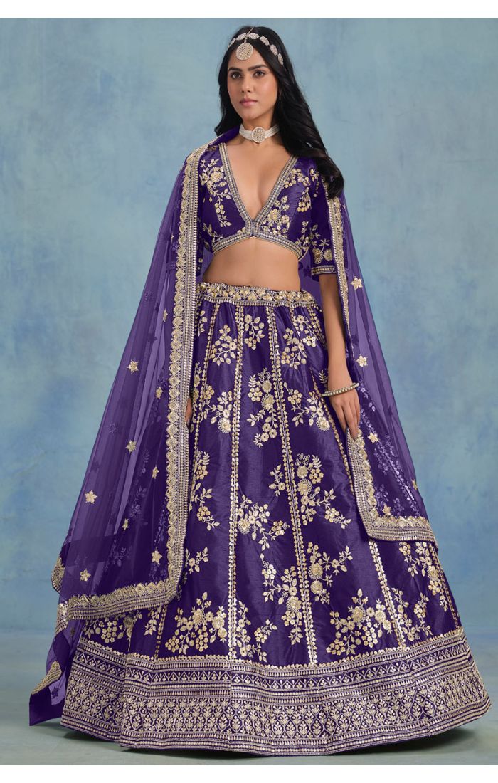 Front view of purple lehenga with zari embroidery – Appelle Fashion