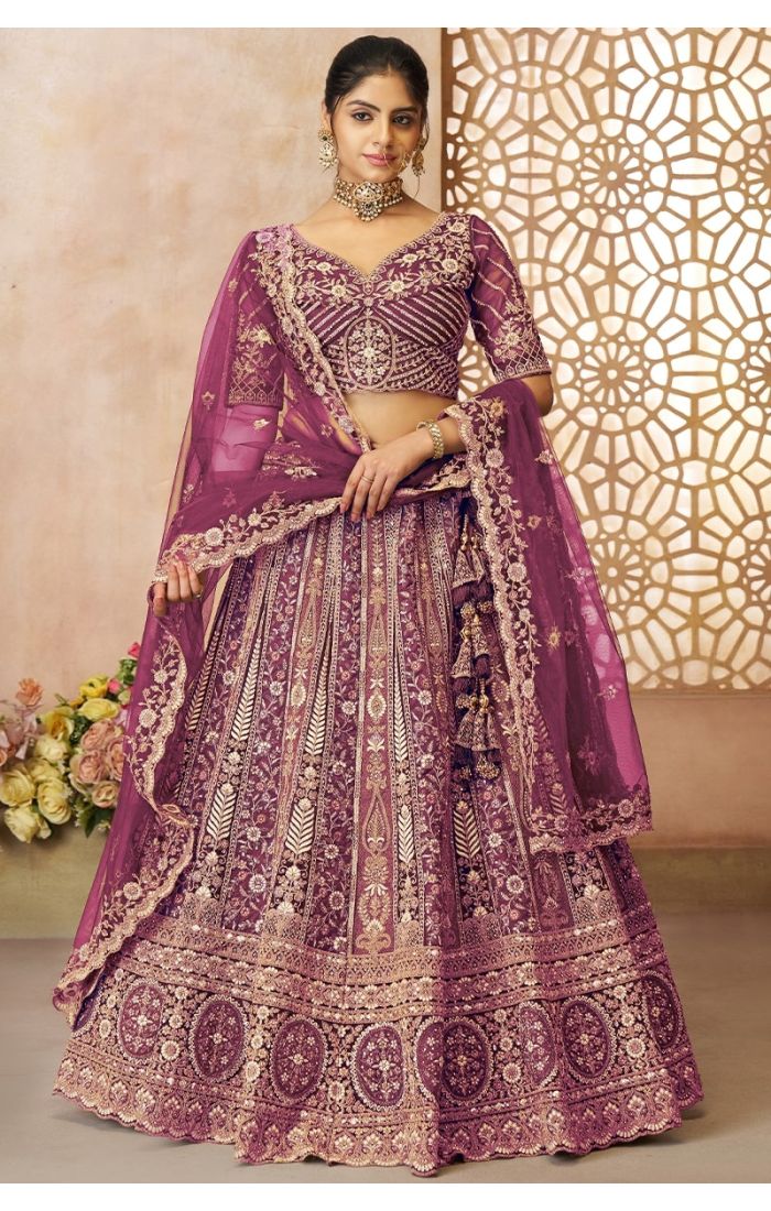 Front view of radiant purple bridal lehenga with intricate thread and zari embroidery