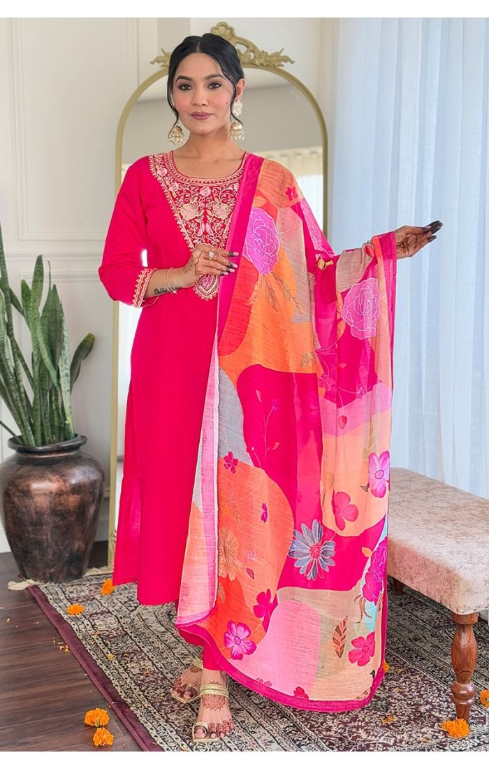 Pink embroidered kurta pant set with organza dupatta for weddings and festive occasions