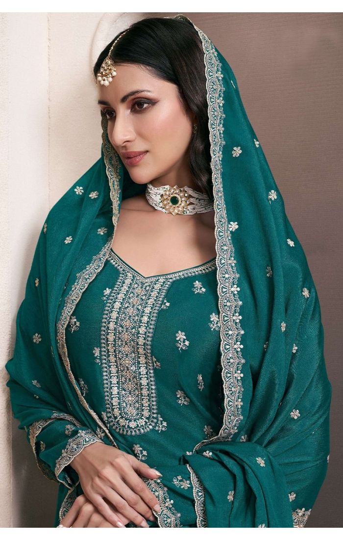 Rama Blue Chinon Salwar Suit with Embroidered Dupatta and Stitched Palazzo 