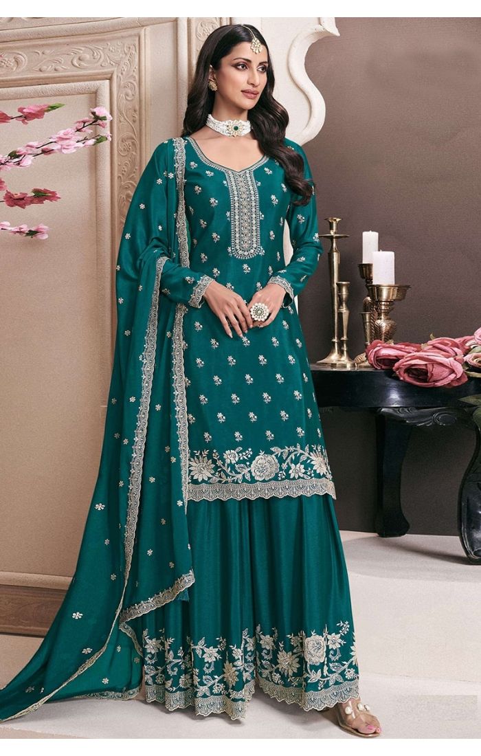 Rama Blue Chinon Salwar Suit with Embroidered Dupatta and Stitched Palazzo 