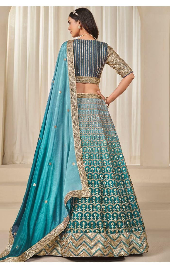  Rama blue dupatta with border embroidery displayed on shoulder