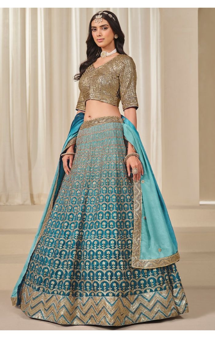  Rama blue chinon silk lehenga front view with dupatta