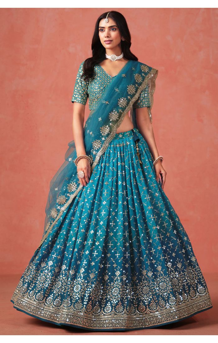 Mehendi Green Thread Work Bridal Lehenga Front View