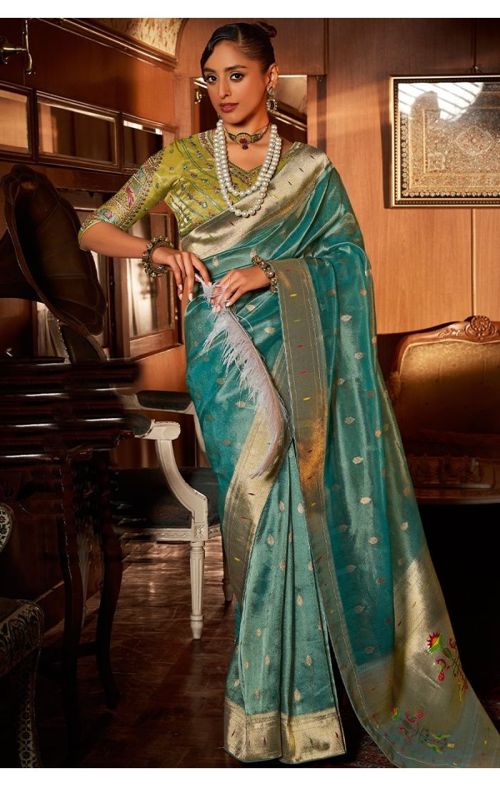 Rama blue Paithani silk saree full view with zari and resham embroidery