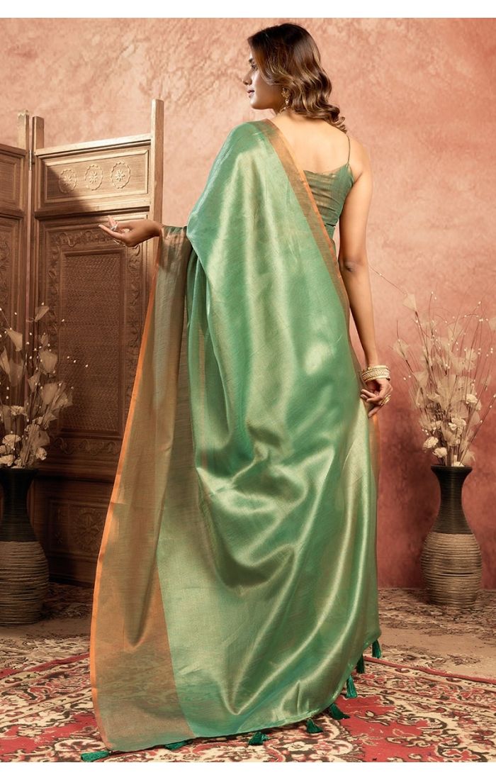  Rama Blue Tissue Saree full drape back view on model