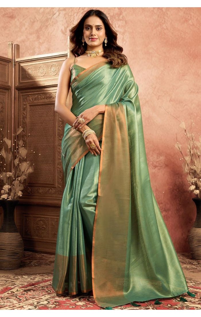 Rama Blue Tissue Saree full drape front view on model