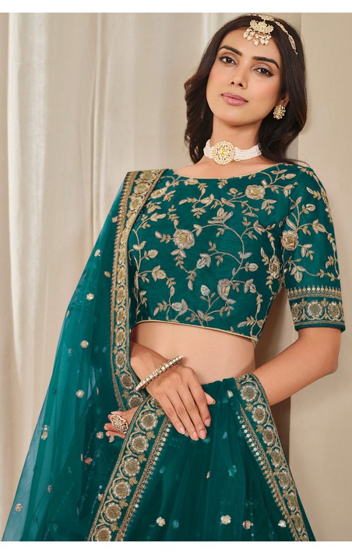 Close-up of Blouse and Dupatta Detailing - LEHV4057 Rama Green Lehenga Choli