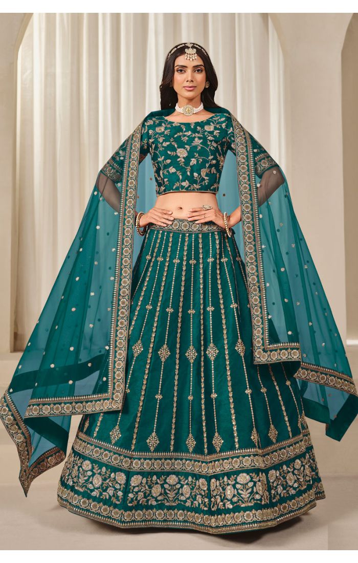 Front View of Rama Green Embroidered Art Silk Lehenga Choli LEHV4057