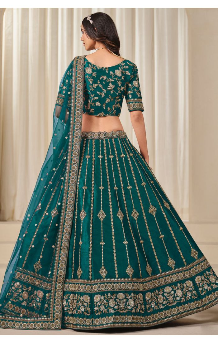 Back Pose of Blouse and Dupatta Detailing - LEHV4057 Rama Green Lehenga Choli