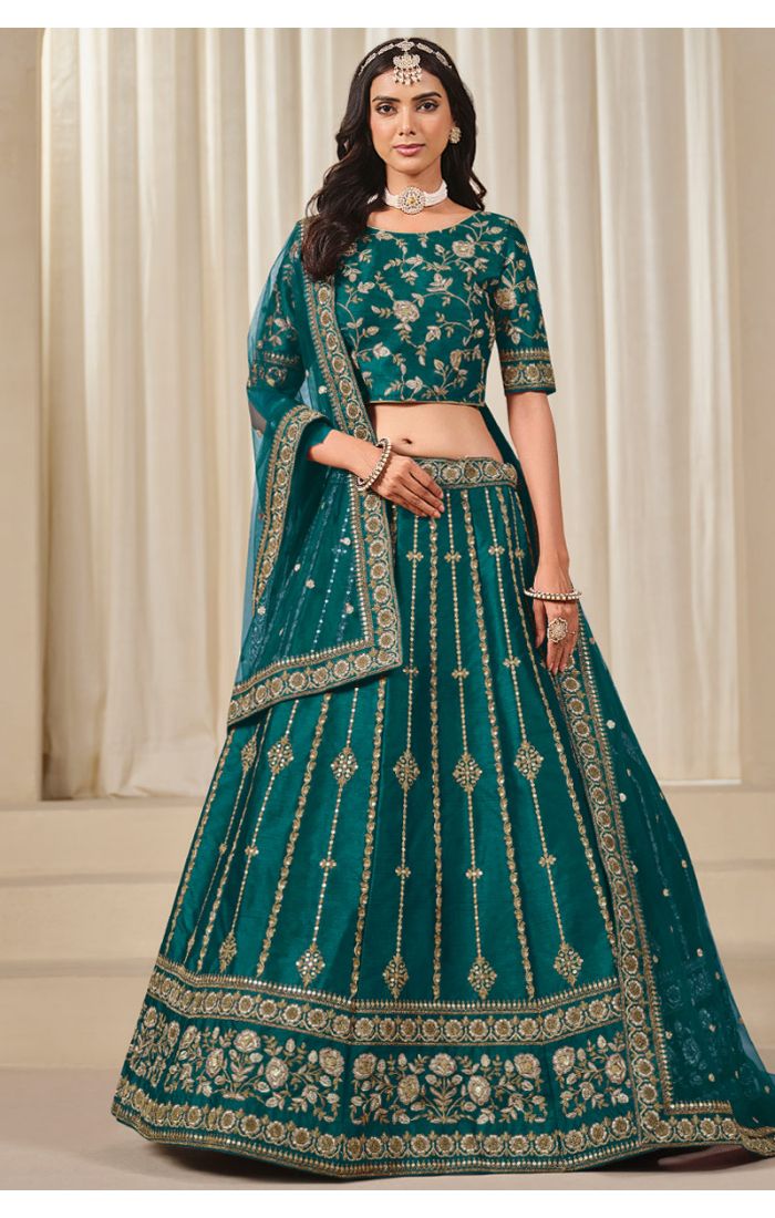 Front View of Rama Green Embroidered Art Silk Lehenga Choli LEHV4057