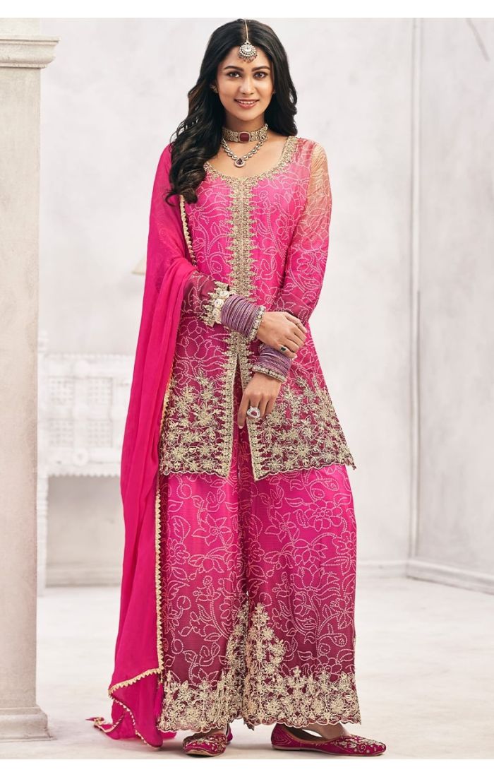  Rani pink chinon salwar suit front view with organza dupatta and embroidery