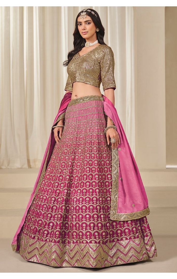  Rani pink chinon silk lehenga front full view with dupatta