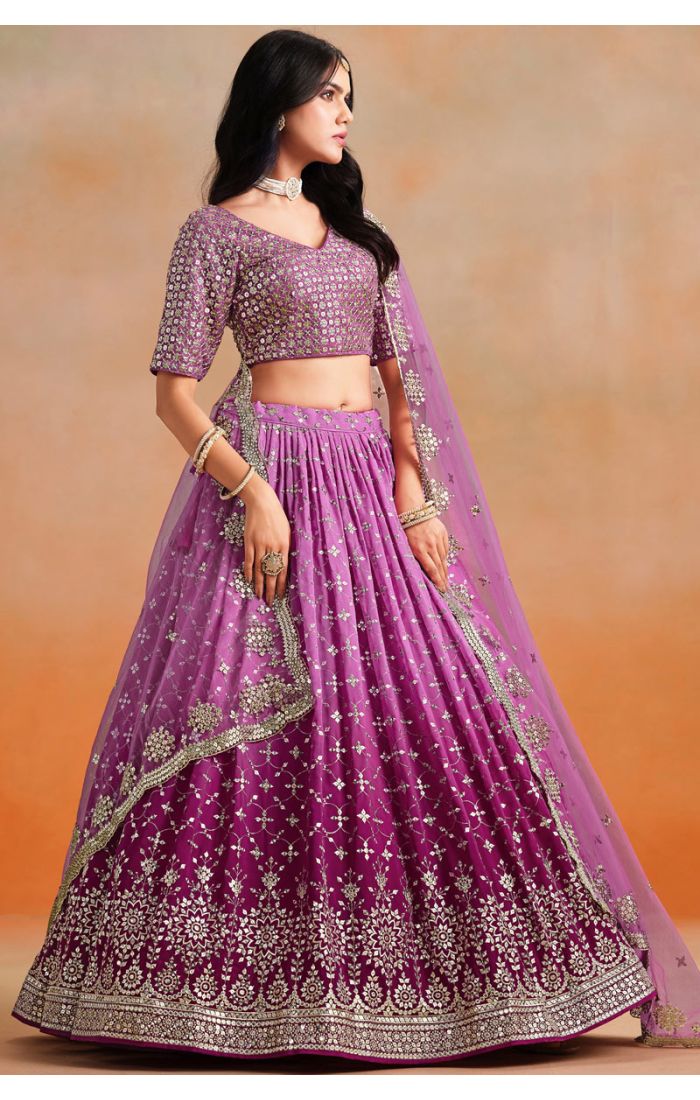 Full View of Rani Pink Georgette Lehenga with Net Dupatta – Bridal Wear