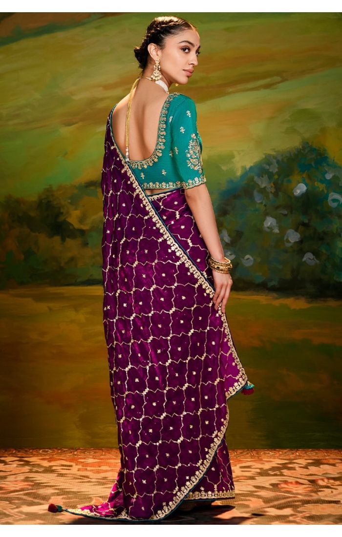  Back drape showcasing blouse detailing and lace border