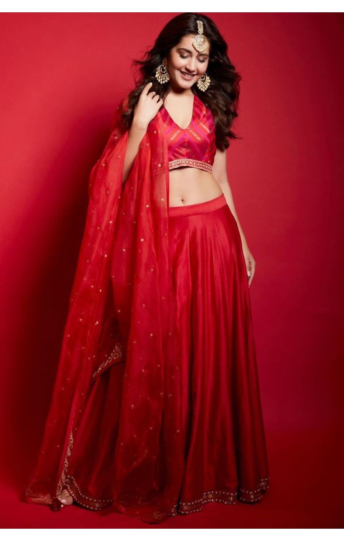 Rashi Khanna Red Designer Wedding Lehenga with Embroidery