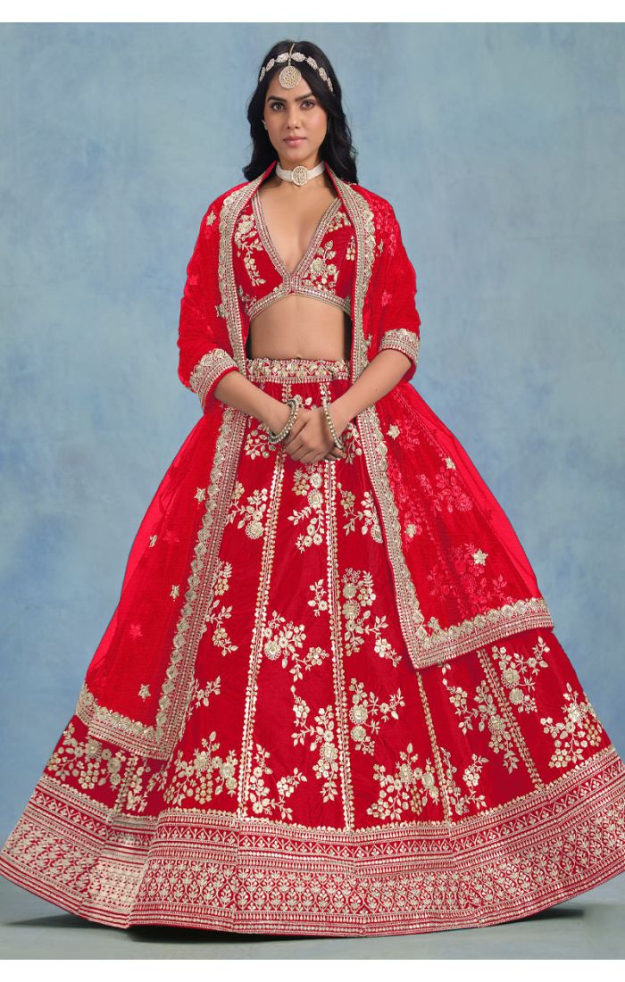 Red art silk bridal lehenga with heavy zari and sequin embroidery – full view