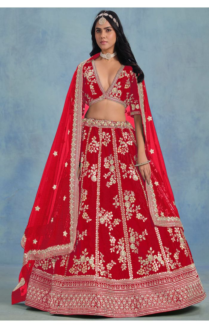 Red art silk bridal lehenga with heavy zari and sequin embroidery – full view