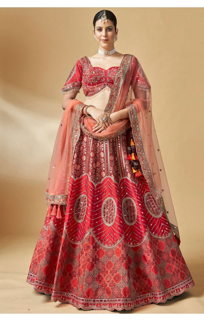 Red Silk Bridal Lehenga Choli with heavy embroidery front view