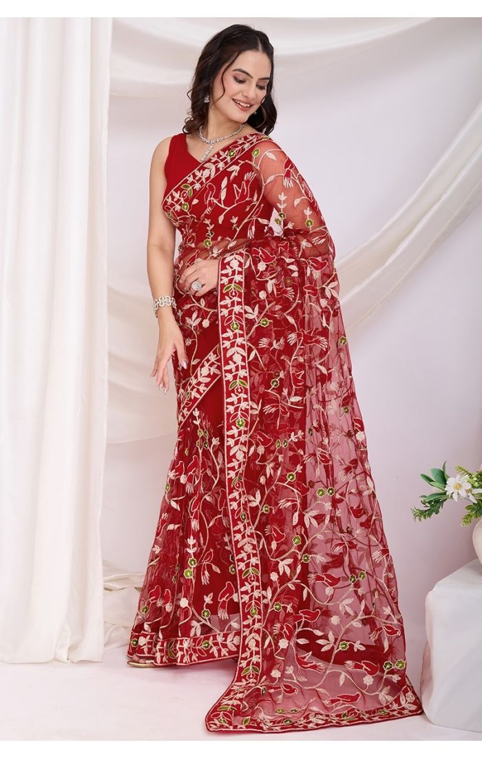 Elegant Red Net Saree with Mono Banglori Blouse – Perfect for Parties and Weddings