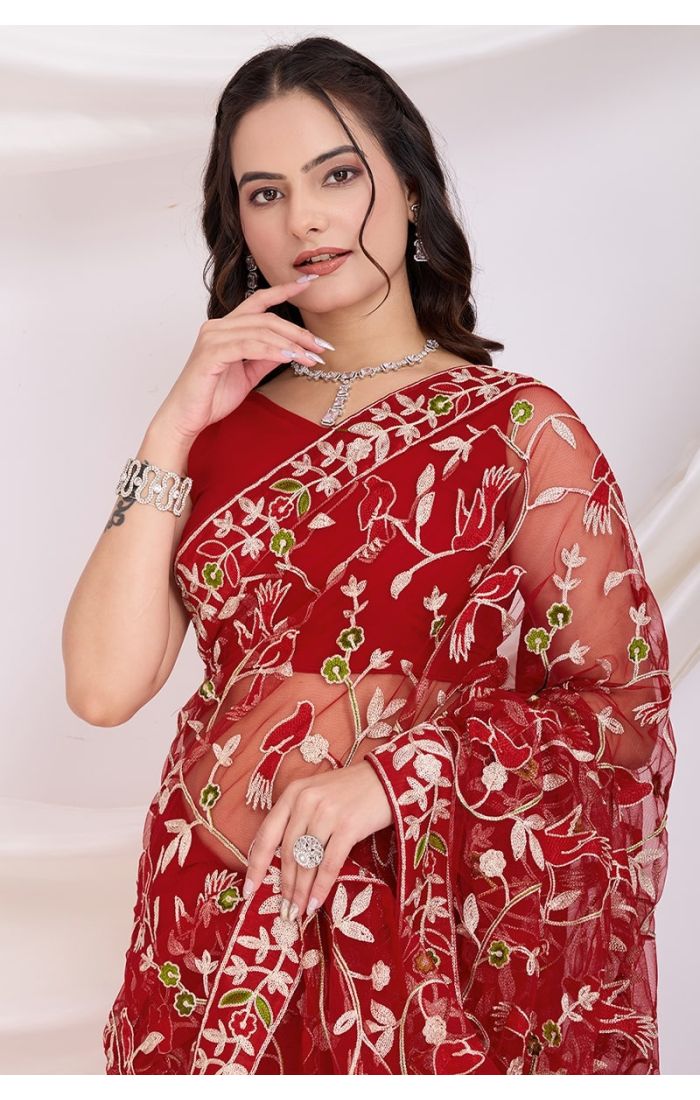 Designer Thread Embroidery Detailing on Red Soft Net Saree – Ethnic Wear Online