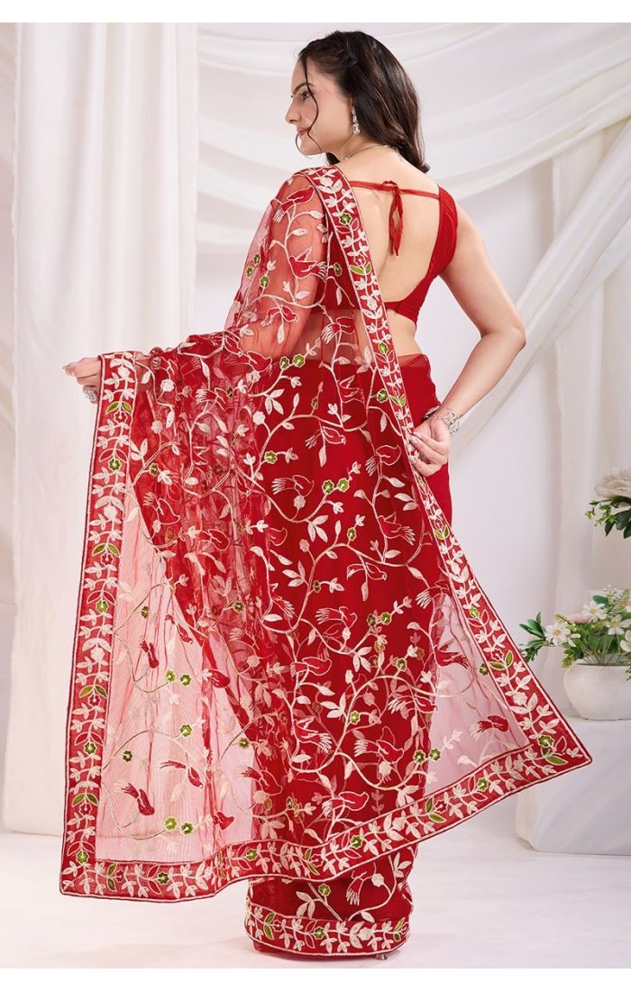  Red Soft Net Saree Back Drape – Traditional Partywear Saree for Festivals in Europe