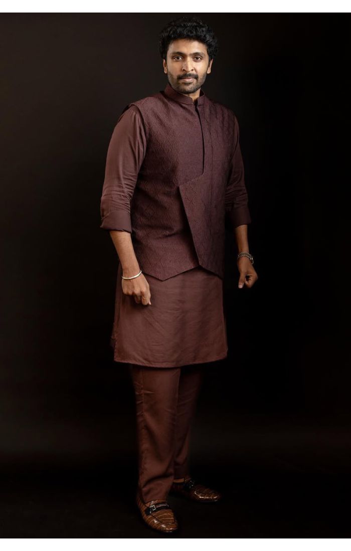 Elegant Chocolate Brown Textured Asymmetric Sherwani for Weddings and Festive Wear