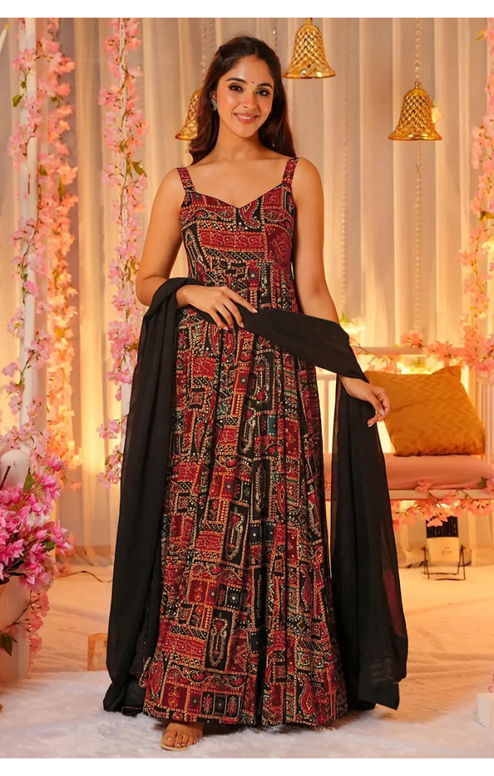 Regal Heritage Block Print Anarkali Gown with Dupatta for Wedding and Festive Wear