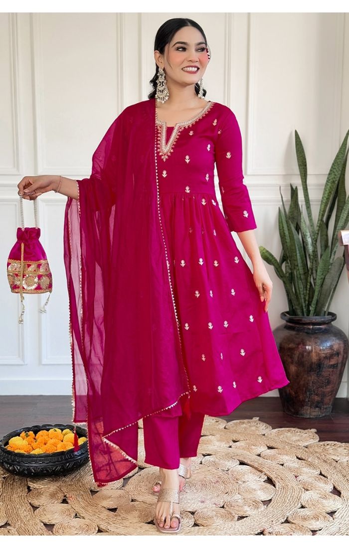 Magenta Anarkali Kurti Set with Embroidery for Festive & Wedding Wear