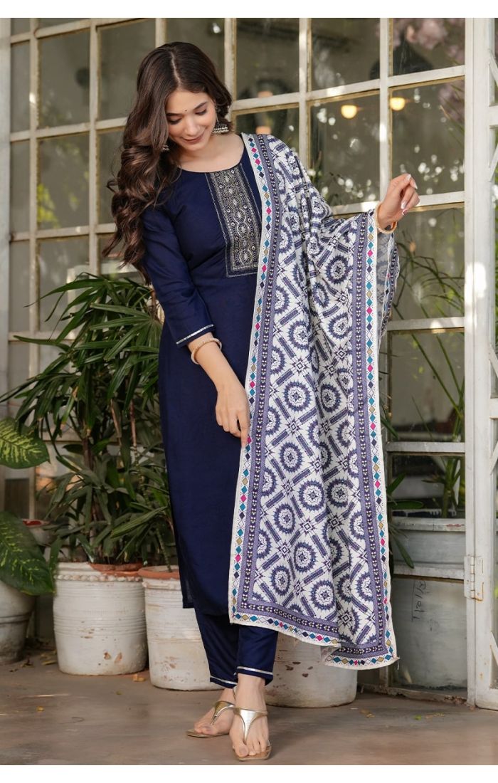  Navy Blue Embroidered Cotton Kurta Set with Printed Dupatta for Festive and Wedding Wear