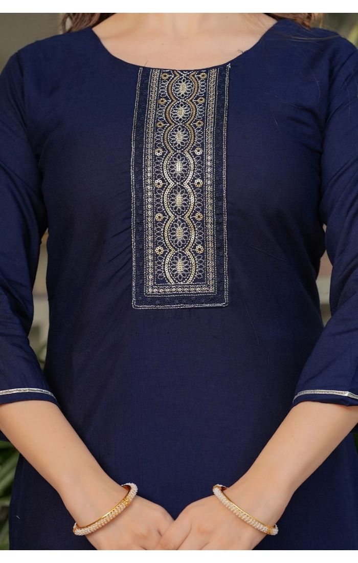  Navy Blue Embroidered Cotton Kurta Set with Printed Dupatta for Festive and Wedding Wear